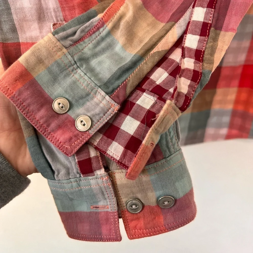 Woolrich Organic Cotton Plaid Red Orange Blue Button Down Gingham Shirt … - Picture 11 of 14